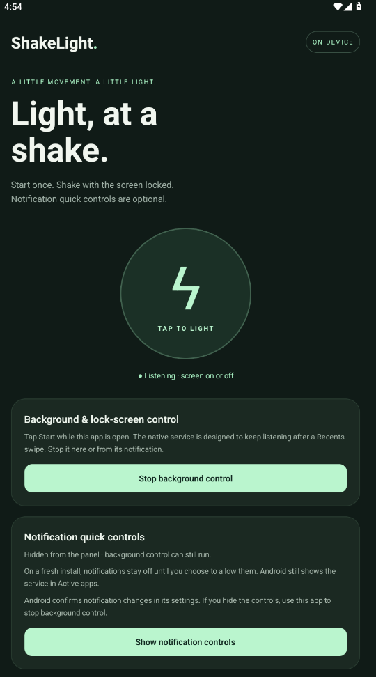 ShakeLight home screen showing tap control, background listening and optional notification controls